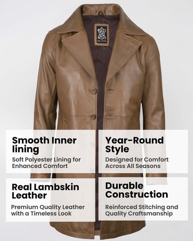 image:imageBlingsoul Mens Leather Car Coat Genuine Lambskin Long Leather Jacket for Men Real Leather Coat with Lapel CollarBrown