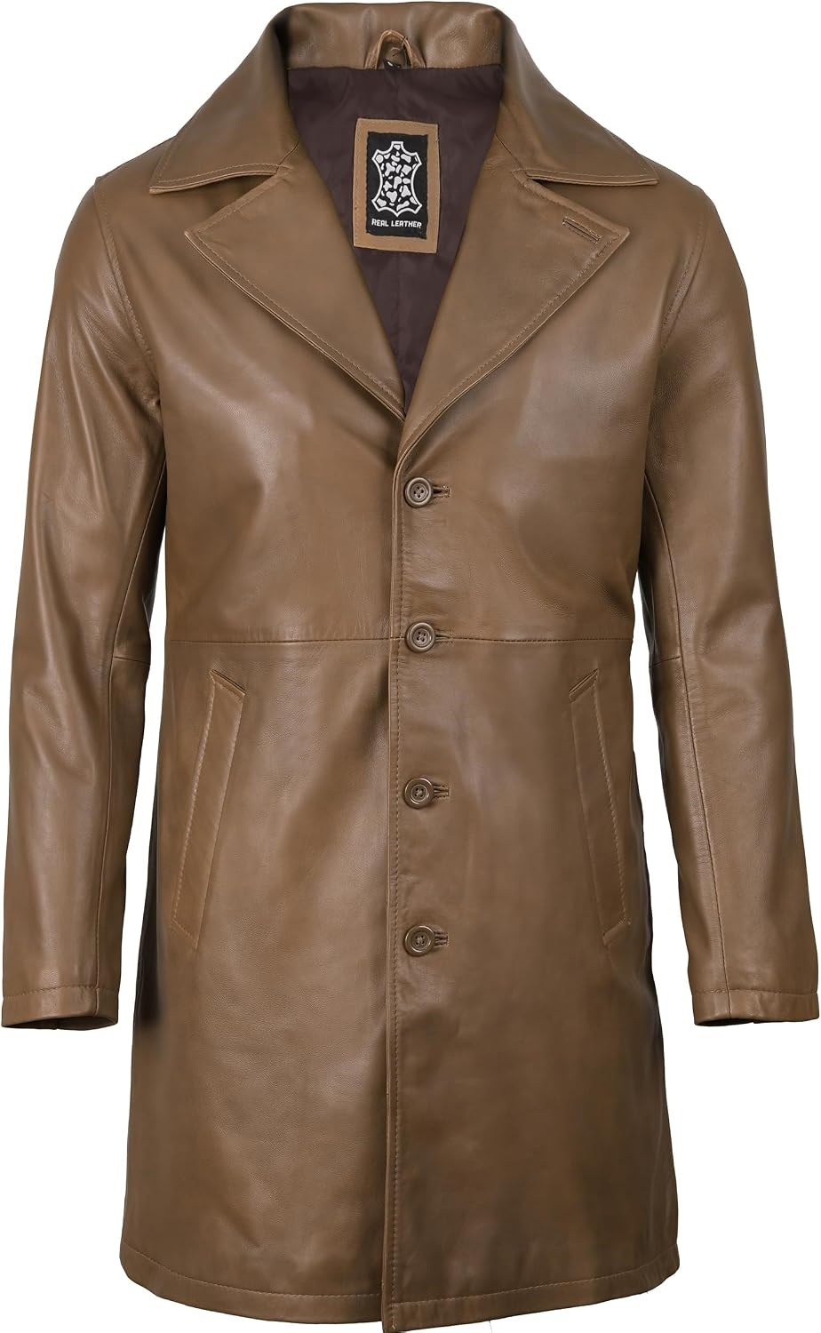 image:imageBlingsoul Mens Leather Car Coat Genuine Lambskin Long Leather Jacket for Men Real Leather Coat with Lapel CollarBrown