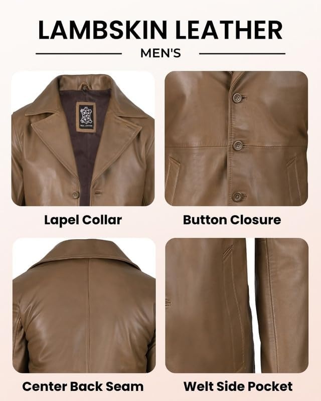 image:imageBlingsoul Mens Leather Car Coat Genuine Lambskin Long Leather Jacket for Men Real Leather Coat with Lapel CollarBrown