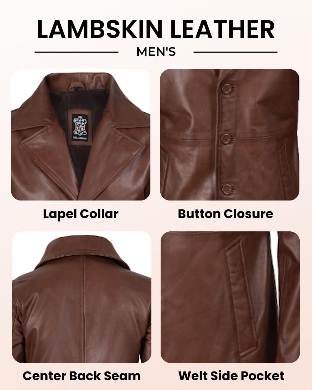 image:imageBlingsoul Mens Leather Car Coat Genuine Lambskin Long Leather Jacket for Men Real Leather Coat with Lapel CollarCognac Wax