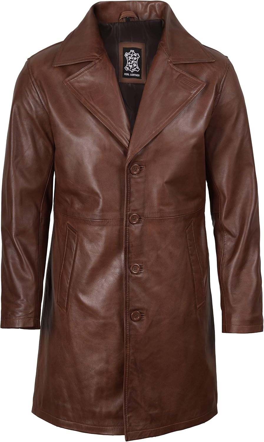 image:imageBlingsoul Mens Leather Car Coat Genuine Lambskin Long Leather Jacket for Men Real Leather Coat with Lapel CollarCognac Wax