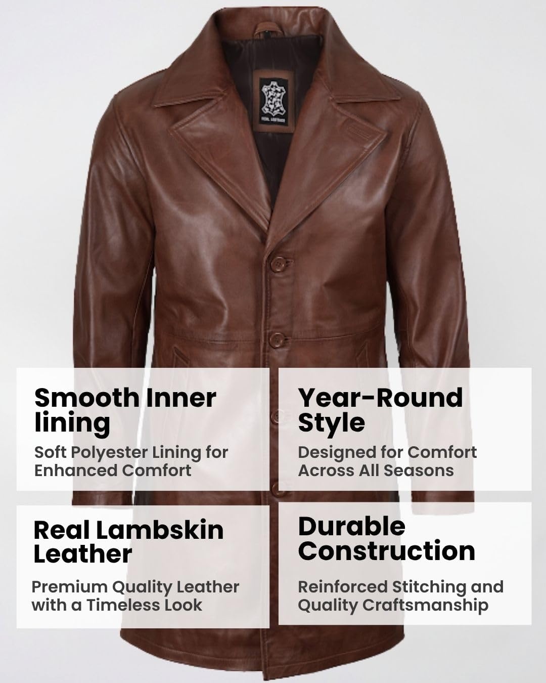 image:imageBlingsoul Mens Leather Car Coat Genuine Lambskin Long Leather Jacket for Men Real Leather Coat with Lapel CollarCognac Wax