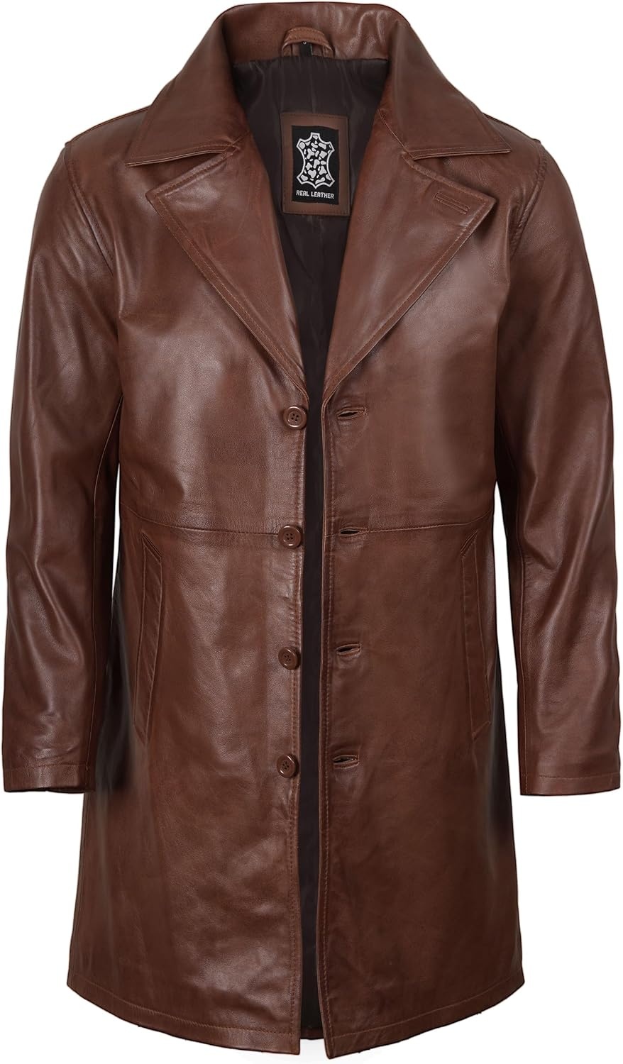 image:imageBlingsoul Mens Leather Car Coat Genuine Lambskin Long Leather Jacket for Men Real Leather Coat with Lapel CollarCognac Wax