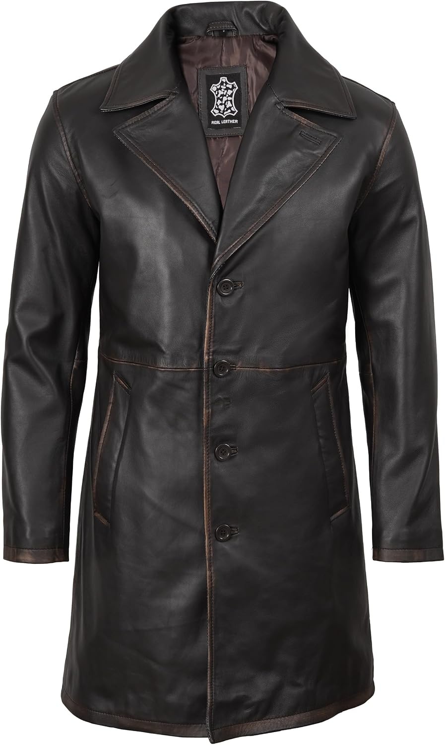 image:imageBlingsoul Mens Leather Car Coat Genuine Lambskin Long Leather Jacket for Men Real Leather Coat with Lapel CollarDark Brown Ruboff