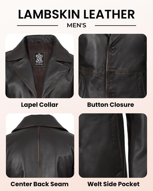 image:imageBlingsoul Mens Leather Car Coat Genuine Lambskin Long Leather Jacket for Men Real Leather Coat with Lapel CollarDark Brown Ruboff