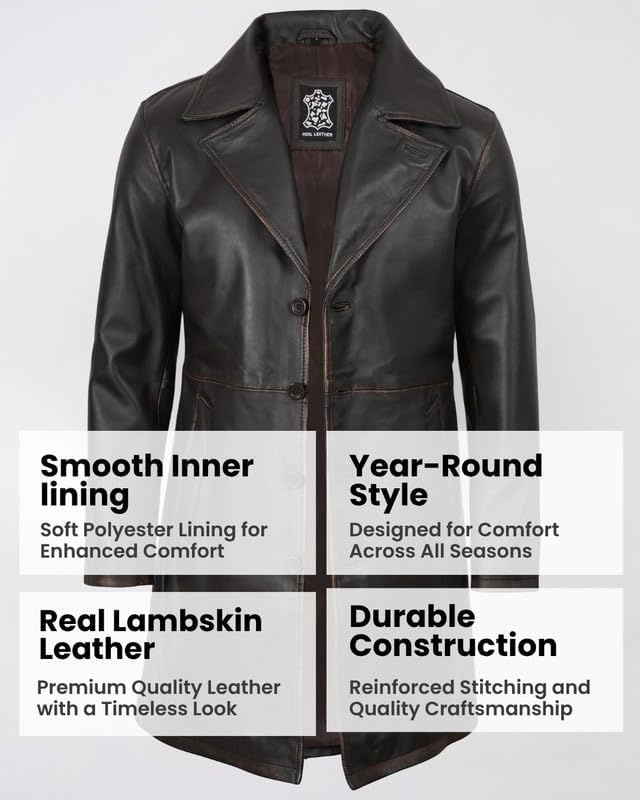 image:imageBlingsoul Mens Leather Car Coat Genuine Lambskin Long Leather Jacket for Men Real Leather Coat with Lapel CollarDark Brown Ruboff