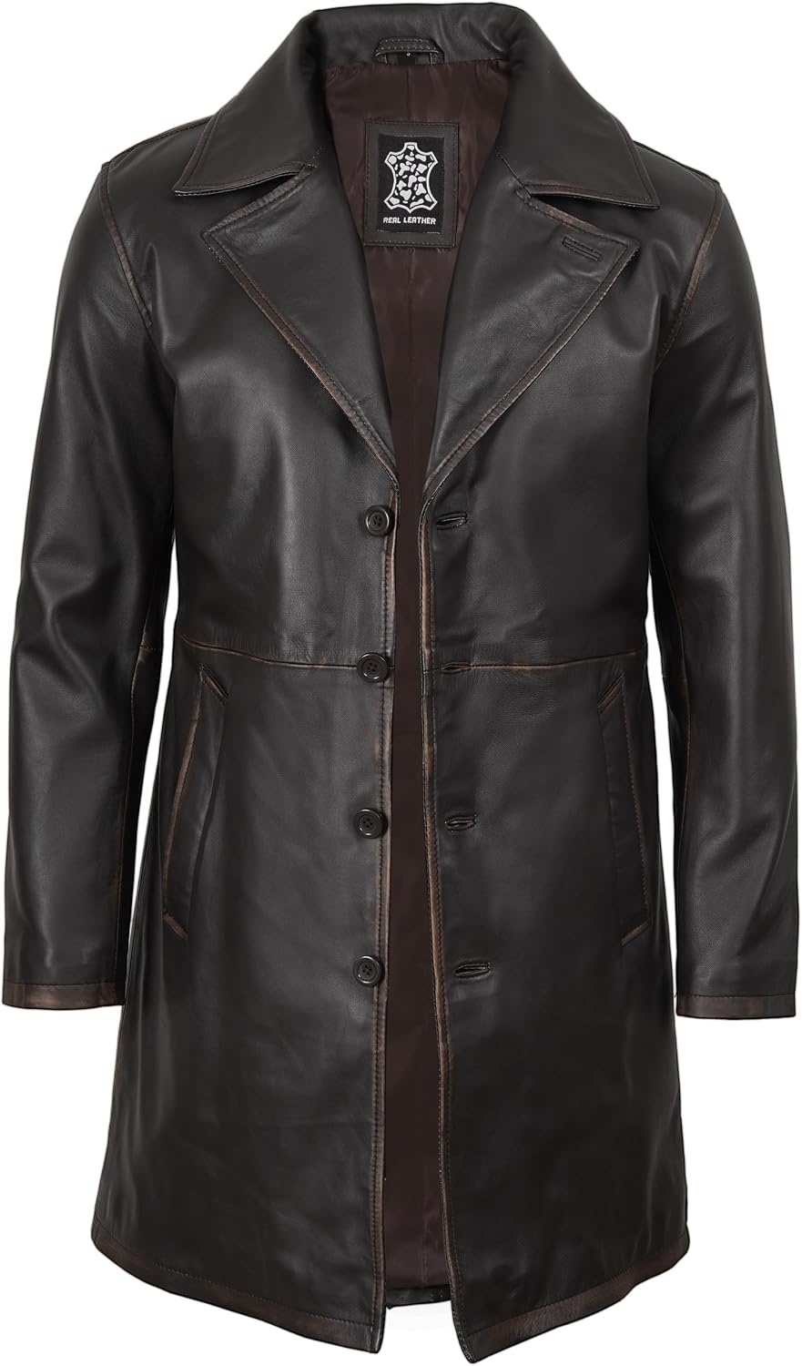 image:imageBlingsoul Mens Leather Car Coat Genuine Lambskin Long Leather Jacket for Men Real Leather Coat with Lapel CollarDark Brown Ruboff