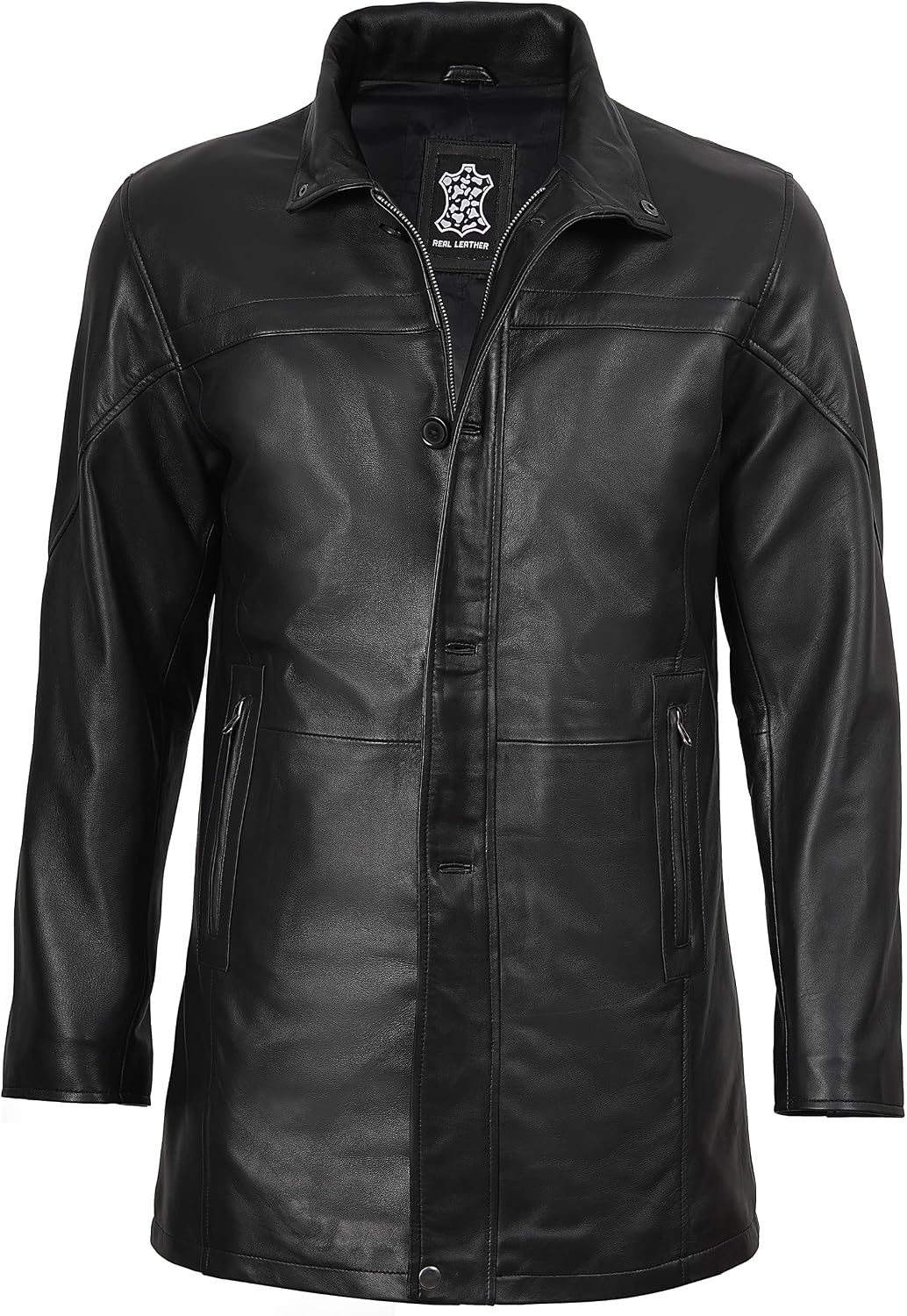 image:imageBlingsoul Mens Leather Car Coat Real Lambskin Long Leather Jacket Men MidThigh Genuine Leather Coat for MenBlack
