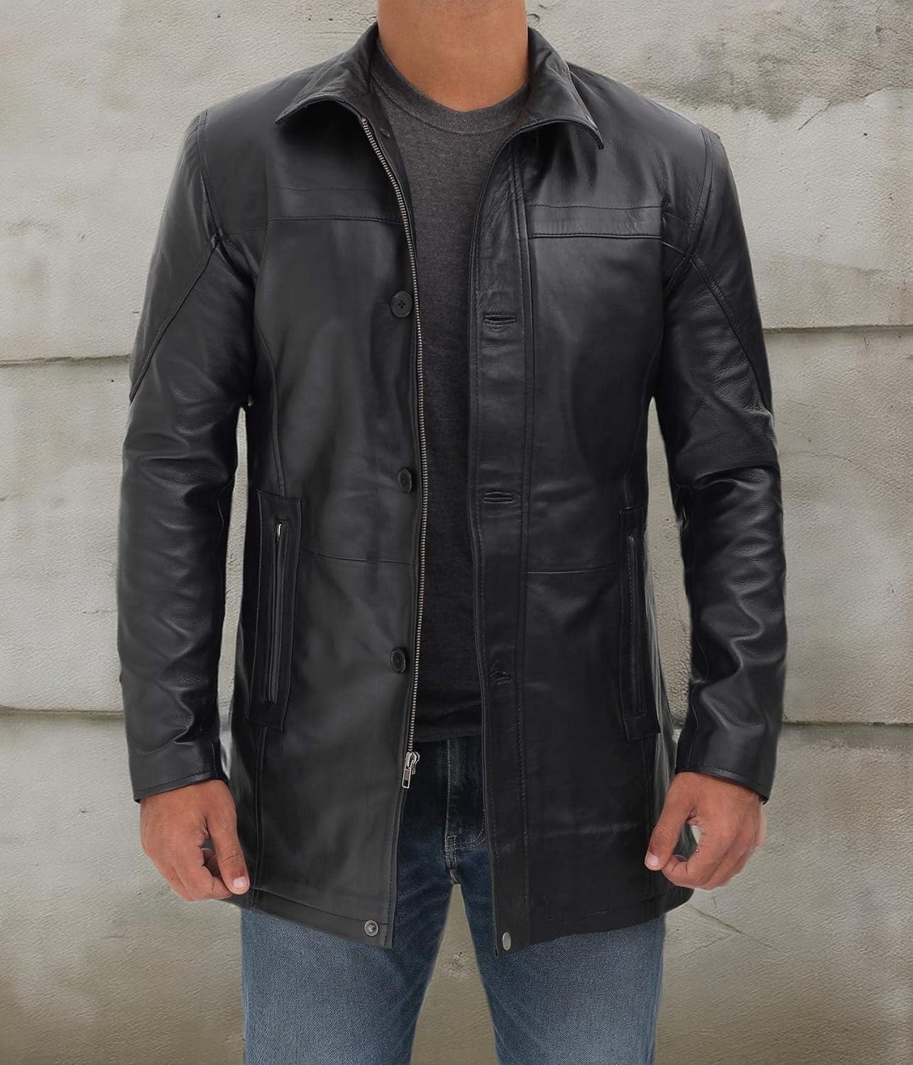 image:imageBlingsoul Mens Leather Car Coat Real Lambskin Long Leather Jacket Men MidThigh Genuine Leather Coat for MenBlack