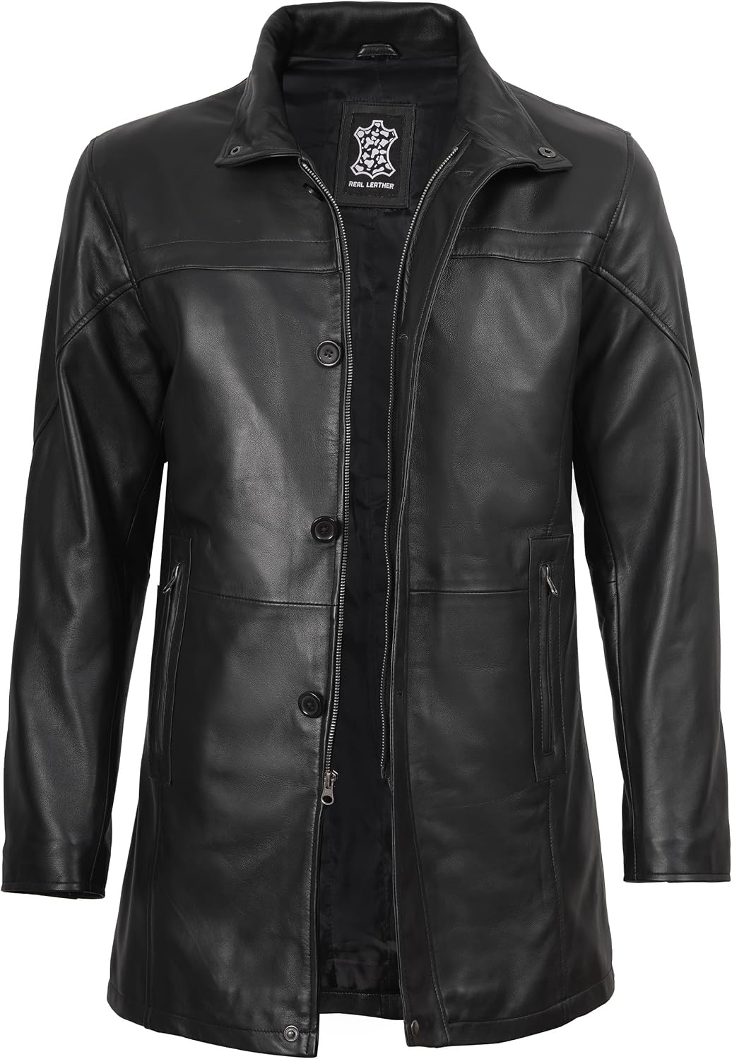image:imageBlingsoul Mens Leather Car Coat Real Lambskin Long Leather Jacket Men MidThigh Genuine Leather Coat for MenBlack