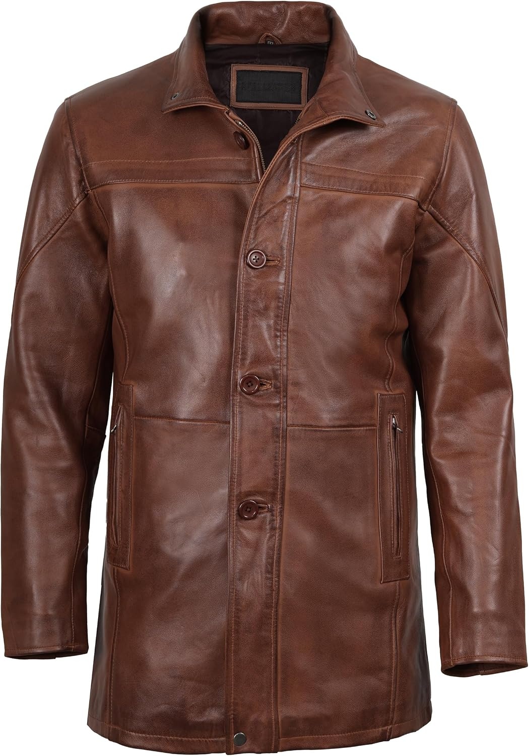 image:imageBlingsoul Mens Leather Car Coat Real Lambskin Long Leather Jacket Men MidThigh Genuine Leather Coat for MenCognac Wax