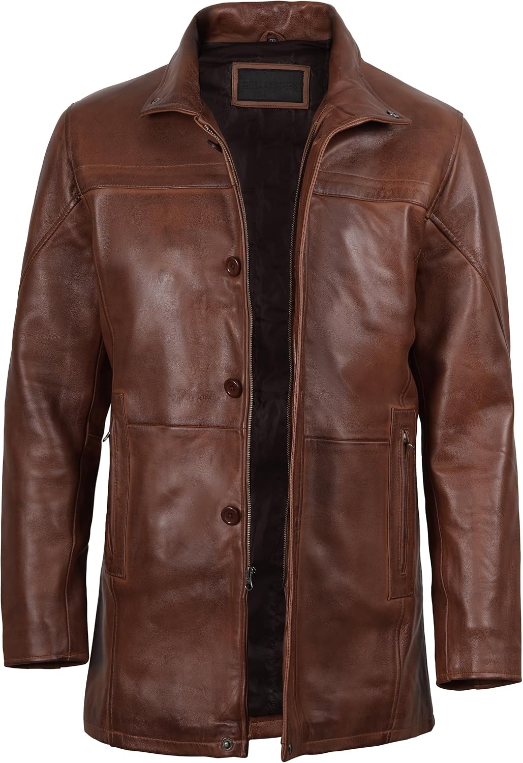 image:imageBlingsoul Mens Leather Car Coat Real Lambskin Long Leather Jacket Men MidThigh Genuine Leather Coat for MenCognac Wax
