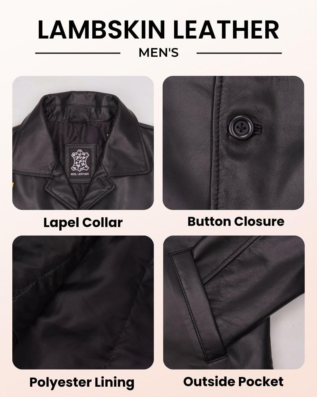 image:imageBlingsoul Mens Leather Coat MidLength Real Lambskin Long Leather Jacket MenBlack
