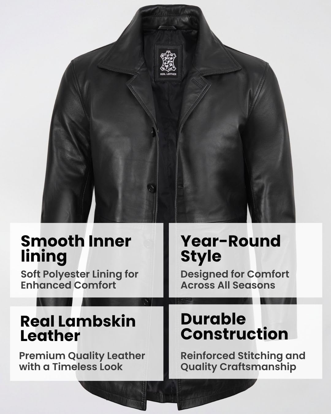image:imageBlingsoul Mens Leather Coat MidLength Real Lambskin Long Leather Jacket MenBlack