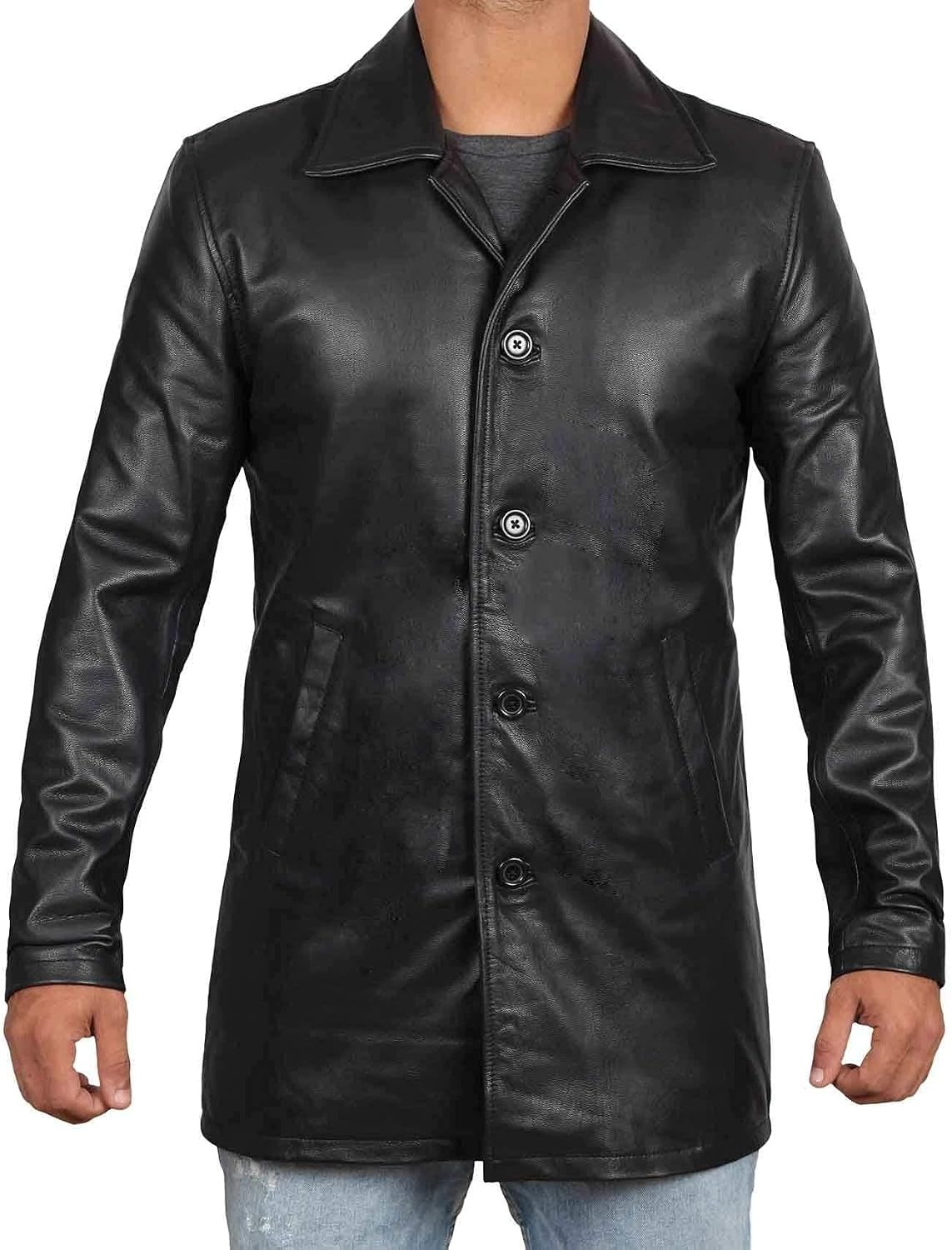 image:imageBlingsoul Mens Leather Coat MidLength Real Lambskin Long Leather Jacket MenBlack
