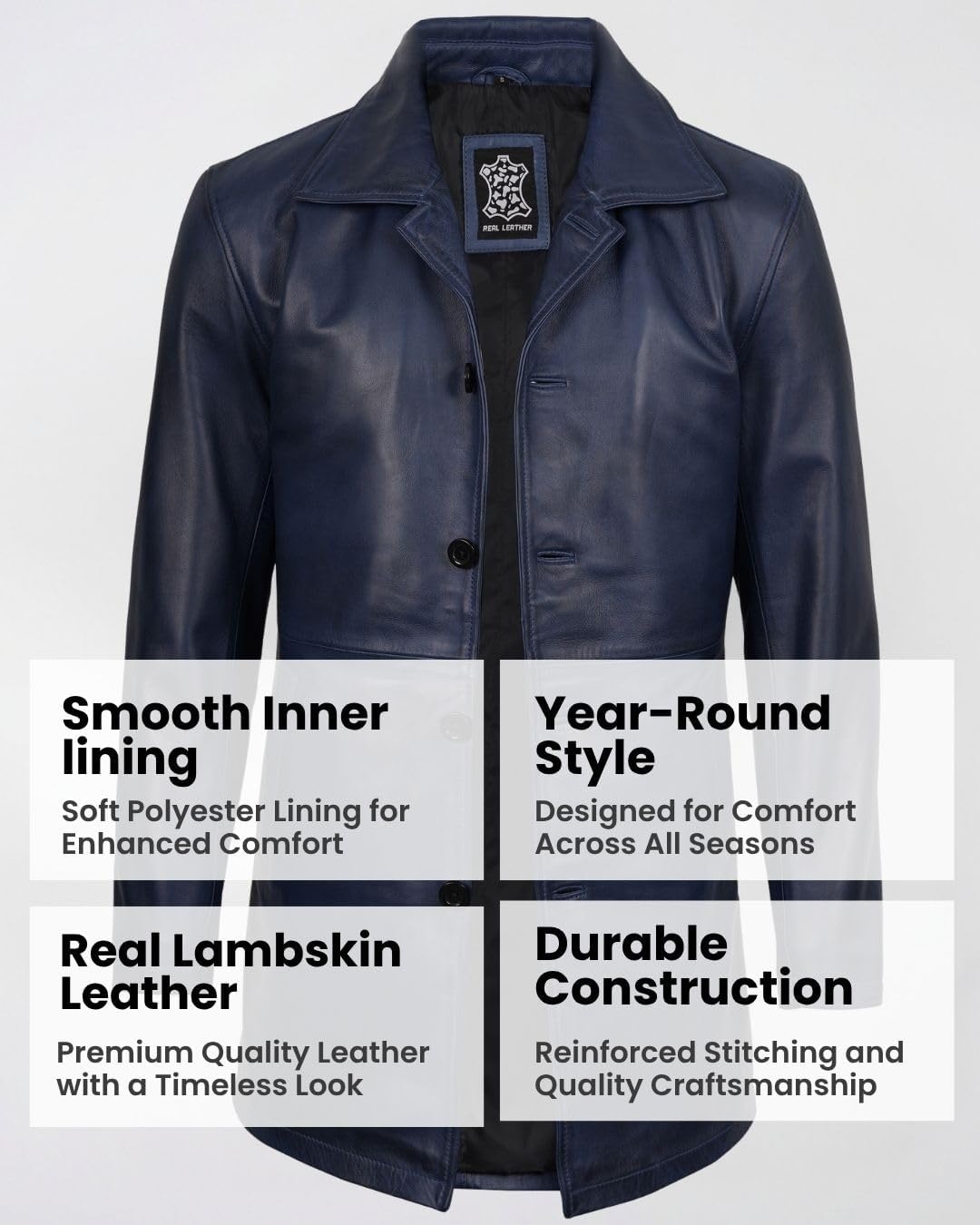 image:imageBlingsoul Mens Leather Coat MidLength Real Lambskin Long Leather Jacket MenBlue Wax