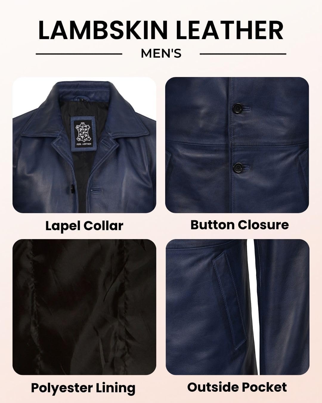 image:imageBlingsoul Mens Leather Coat MidLength Real Lambskin Long Leather Jacket MenBlue Wax