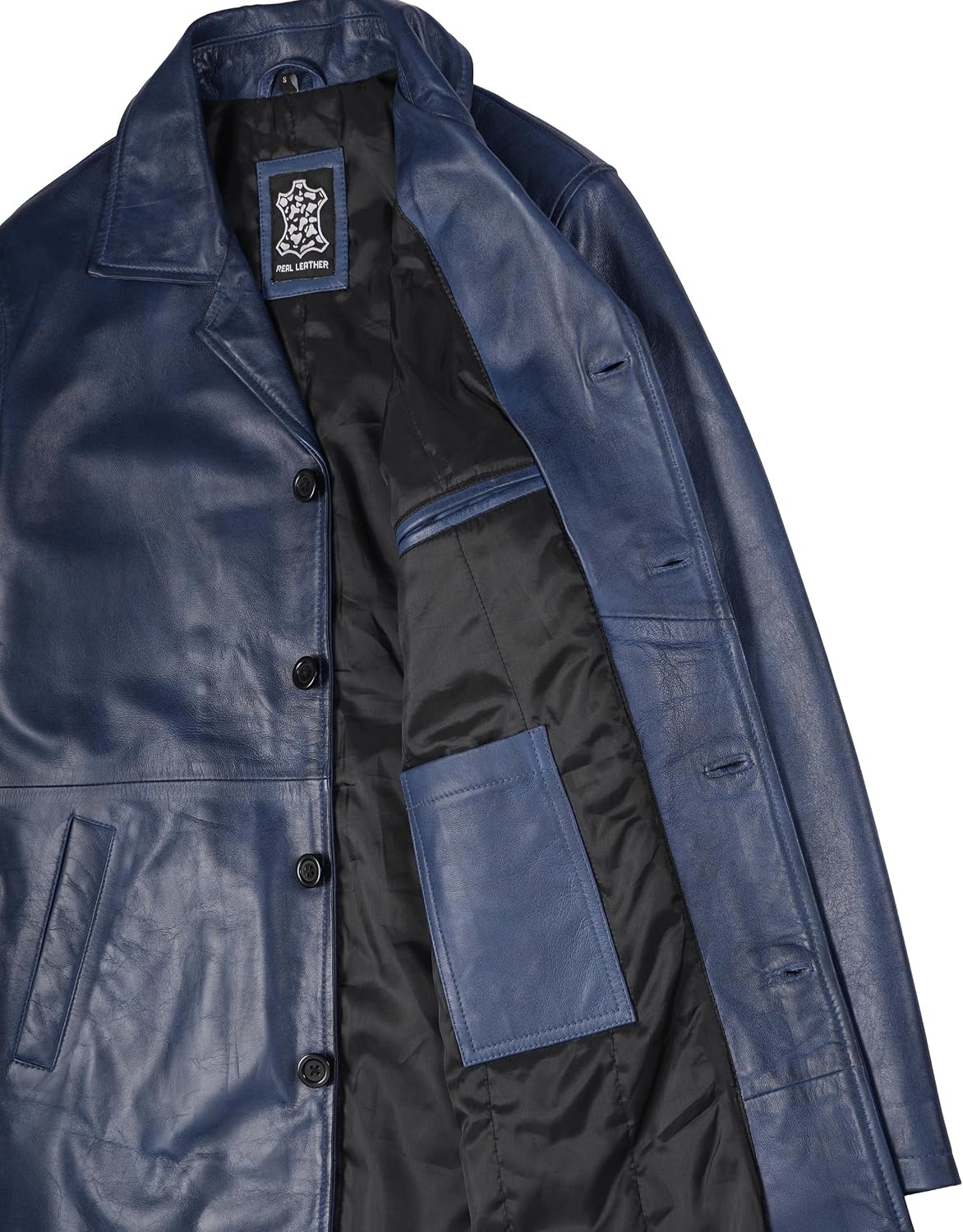 image:imageBlingsoul Mens Leather Coat MidLength Real Lambskin Long Leather Jacket MenBlue Wax