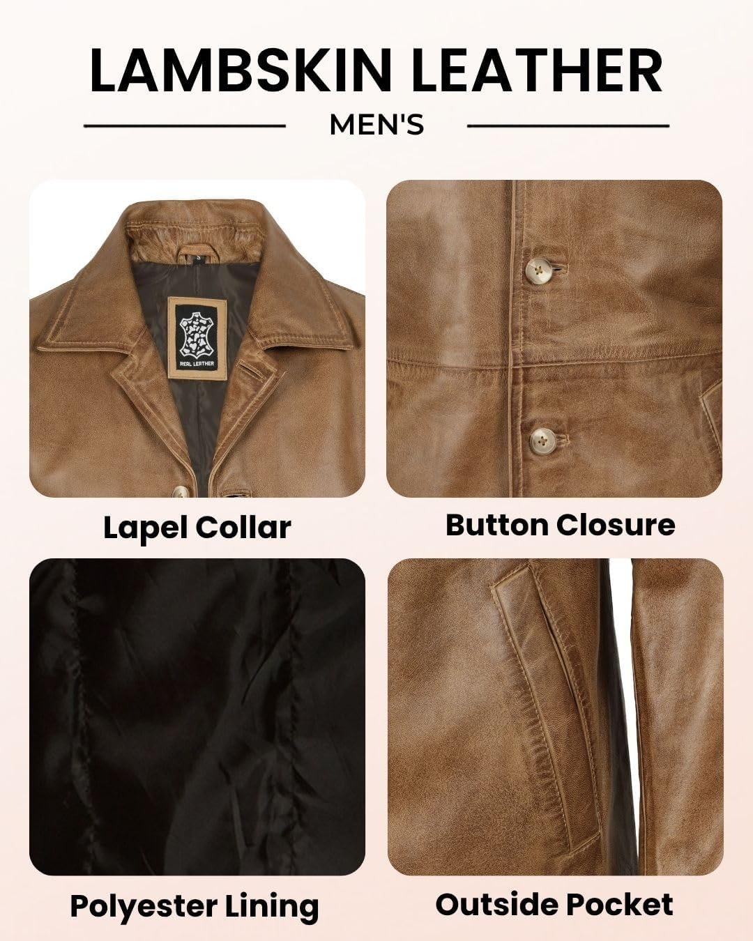 image:imageBlingsoul Mens Leather Coat MidLength Real Lambskin Long Leather Jacket MenCamel Brown