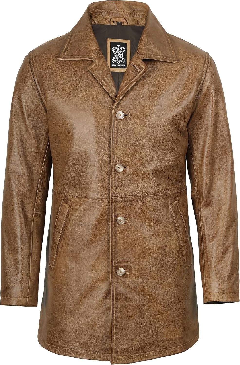 image:imageBlingsoul Mens Leather Coat MidLength Real Lambskin Long Leather Jacket MenCamel Brown