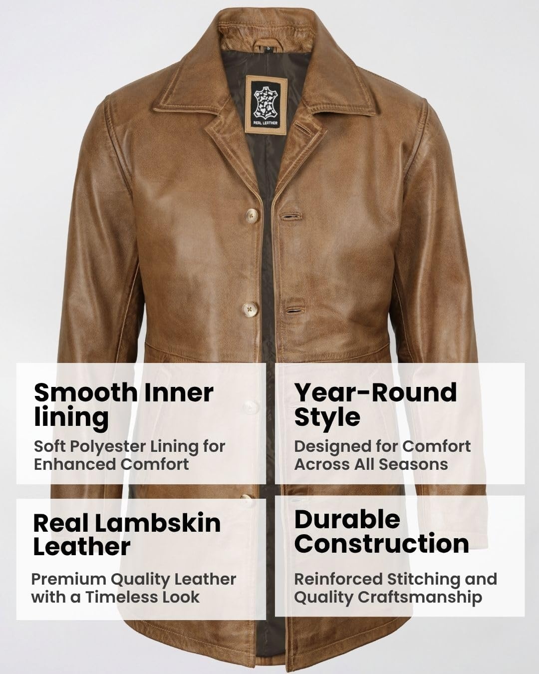 image:imageBlingsoul Mens Leather Coat MidLength Real Lambskin Long Leather Jacket MenCamel Brown