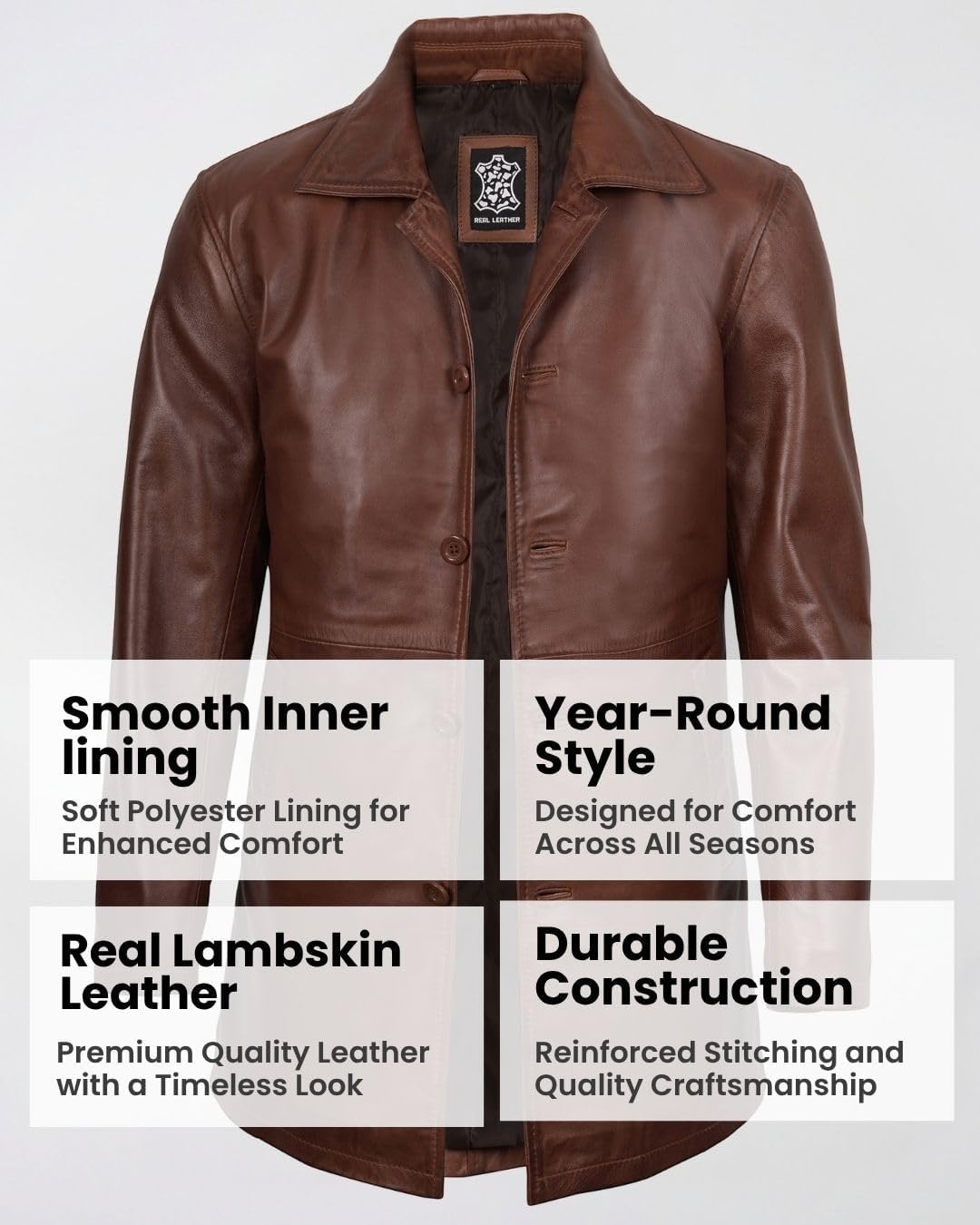 image:imageBlingsoul Mens Leather Coat MidLength Real Lambskin Long Leather Jacket MenCognac Wax