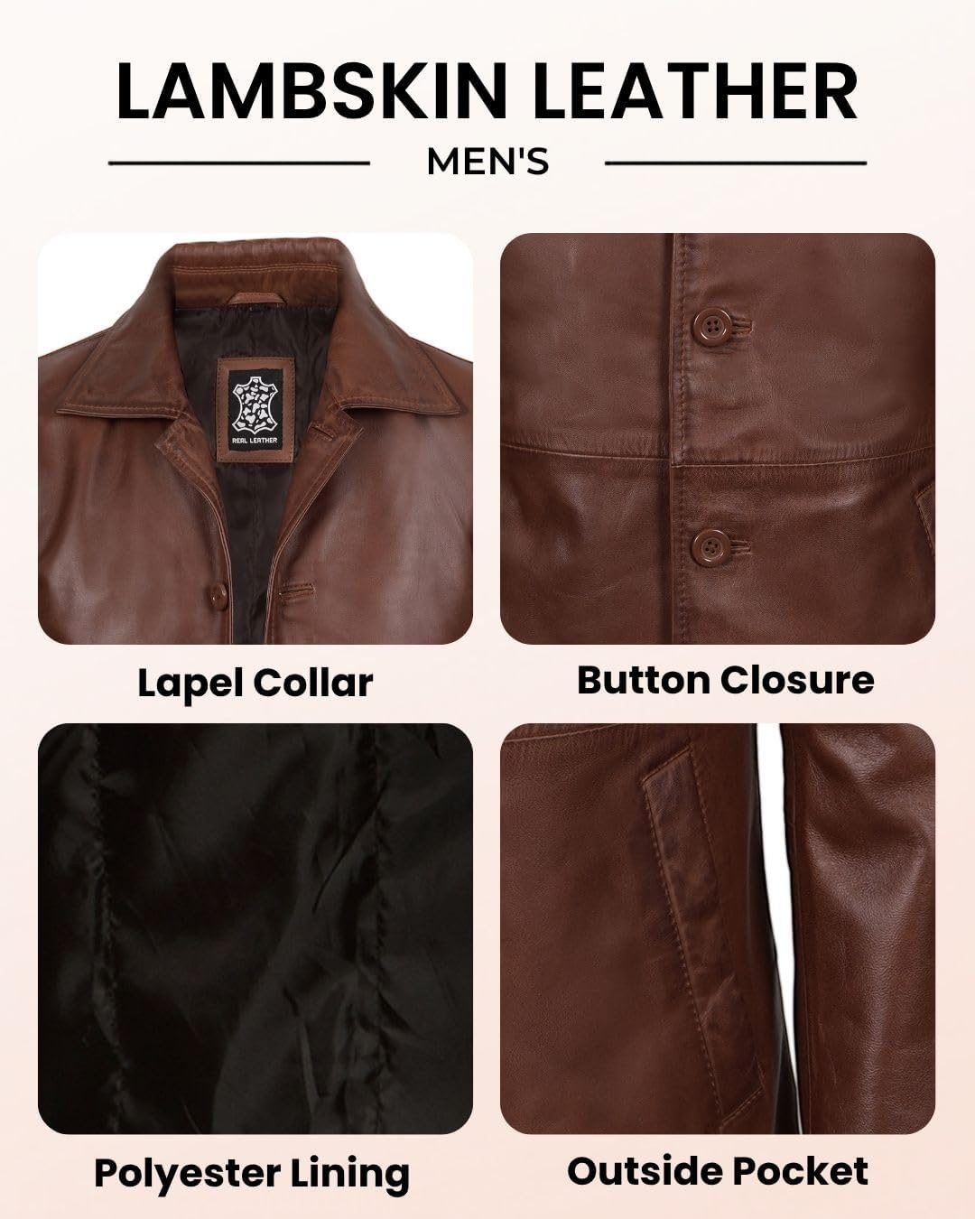 image:imageBlingsoul Mens Leather Coat MidLength Real Lambskin Long Leather Jacket MenCognac Wax