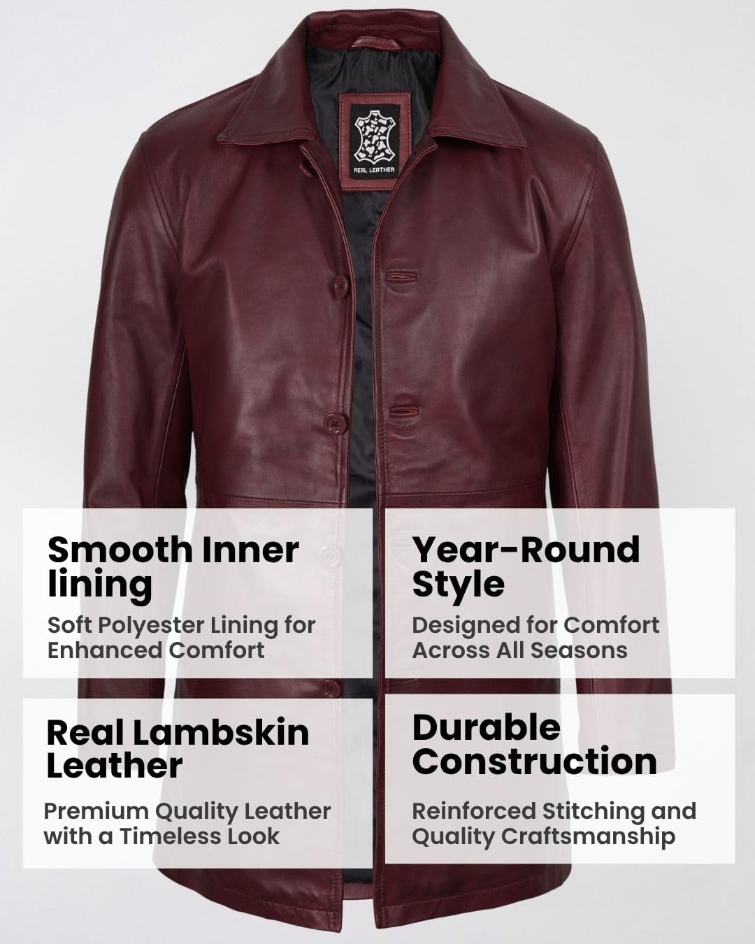 image:imageBlingsoul Mens Leather Coat MidLength Real Lambskin Long Leather Jacket MenMaroon Wax