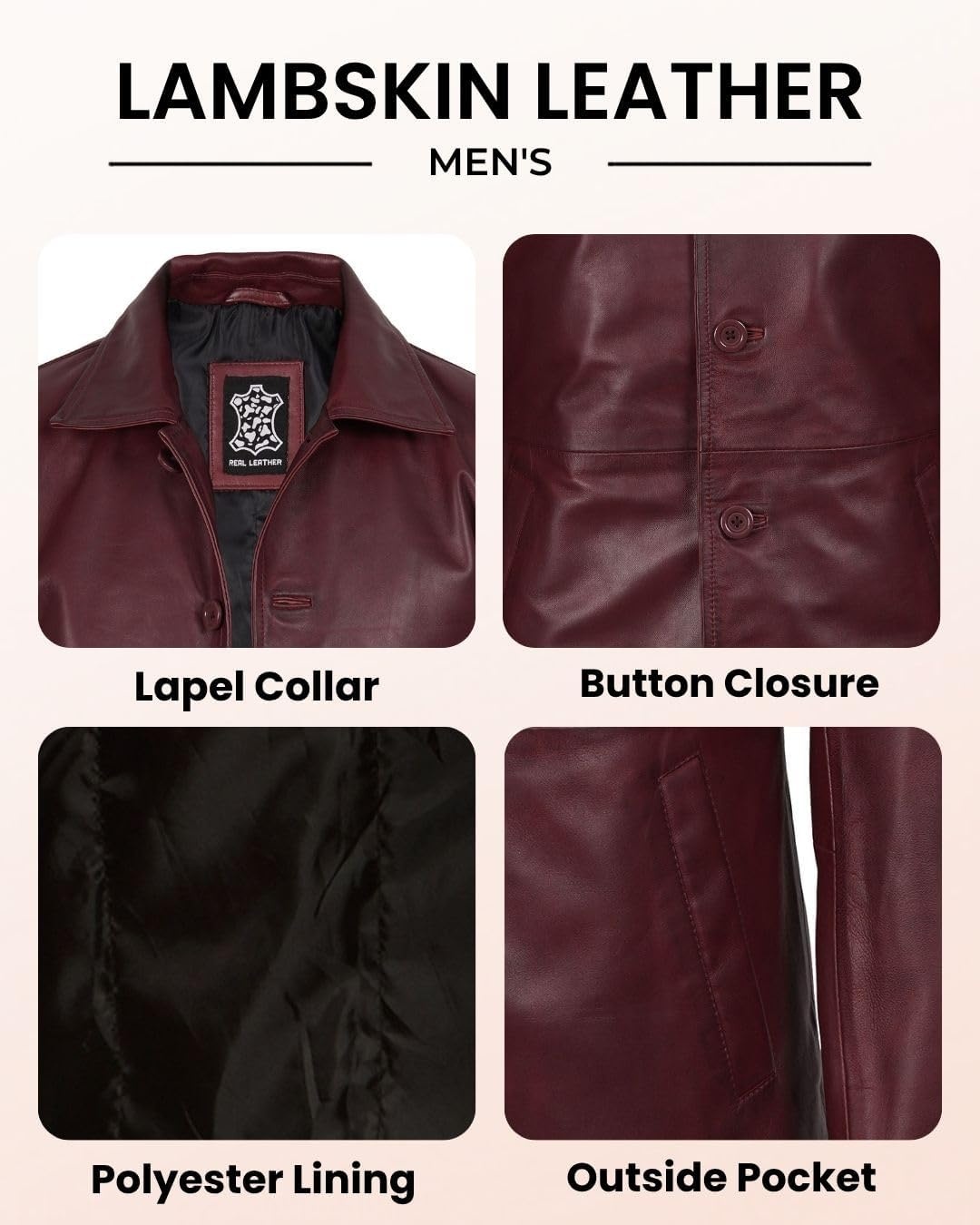 image:imageBlingsoul Mens Leather Coat MidLength Real Lambskin Long Leather Jacket MenMaroon Wax