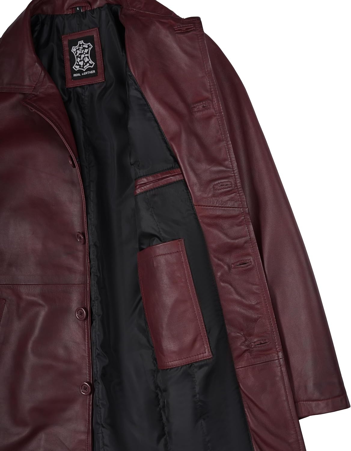 image:imageBlingsoul Mens Leather Coat MidLength Real Lambskin Long Leather Jacket MenMaroon Wax