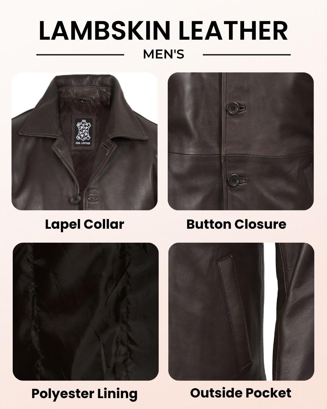 image:imageBlingsoul Mens Leather Coat MidLength Real Lambskin Long Leather Jacket MenVintage Brown