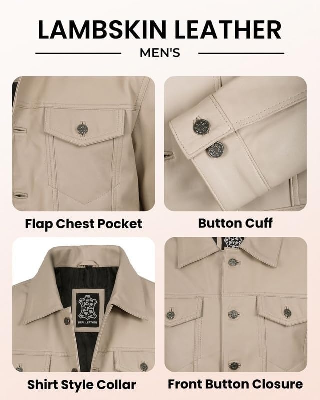 image:imageBlingsoul Mens Leather Trucker Jacket Vintage Real FullGrain Lambskin Leather Jacket for Men with Shirt Style CollarBeige