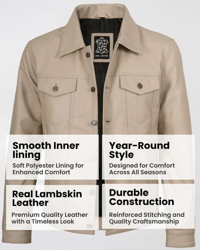 image:imageBlingsoul Mens Leather Trucker Jacket Vintage Real FullGrain Lambskin Leather Jacket for Men with Shirt Style CollarBeige