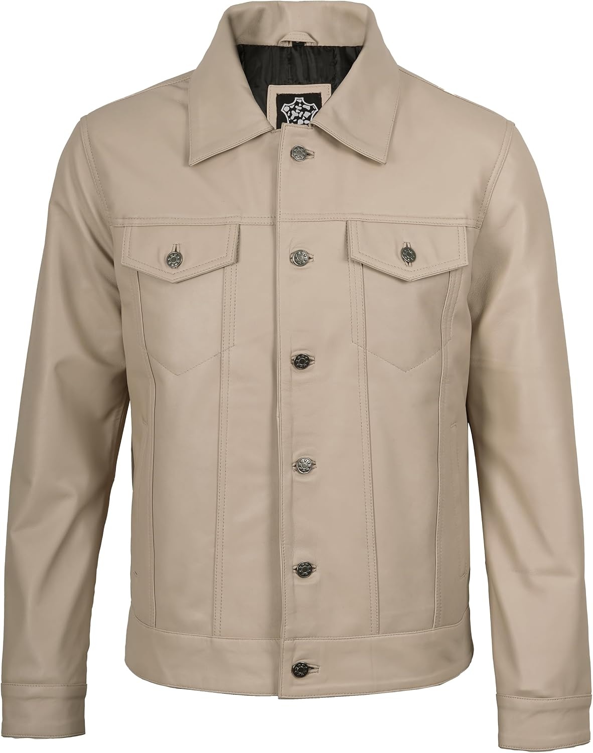 image:imageBlingsoul Mens Leather Trucker Jacket Vintage Real FullGrain Lambskin Leather Jacket for Men with Shirt Style CollarBeige