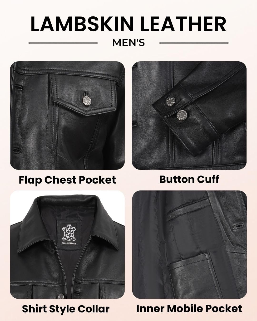 image:imageBlingsoul Mens Leather Trucker Jacket Vintage Real FullGrain Lambskin Leather Jacket for Men with Shirt Style CollarBlack