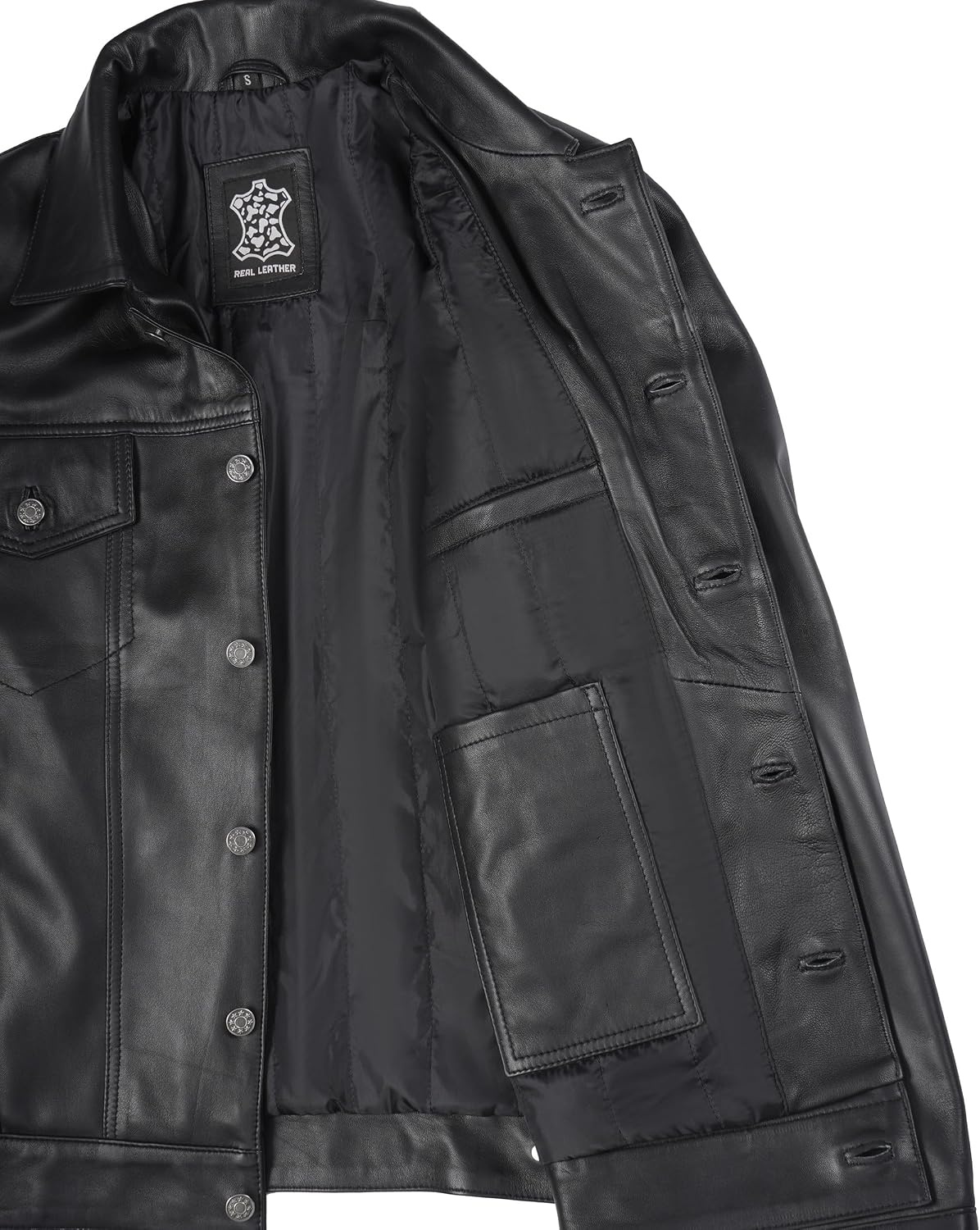 image:imageBlingsoul Mens Leather Trucker Jacket Vintage Real FullGrain Lambskin Leather Jacket for Men with Shirt Style CollarBlack