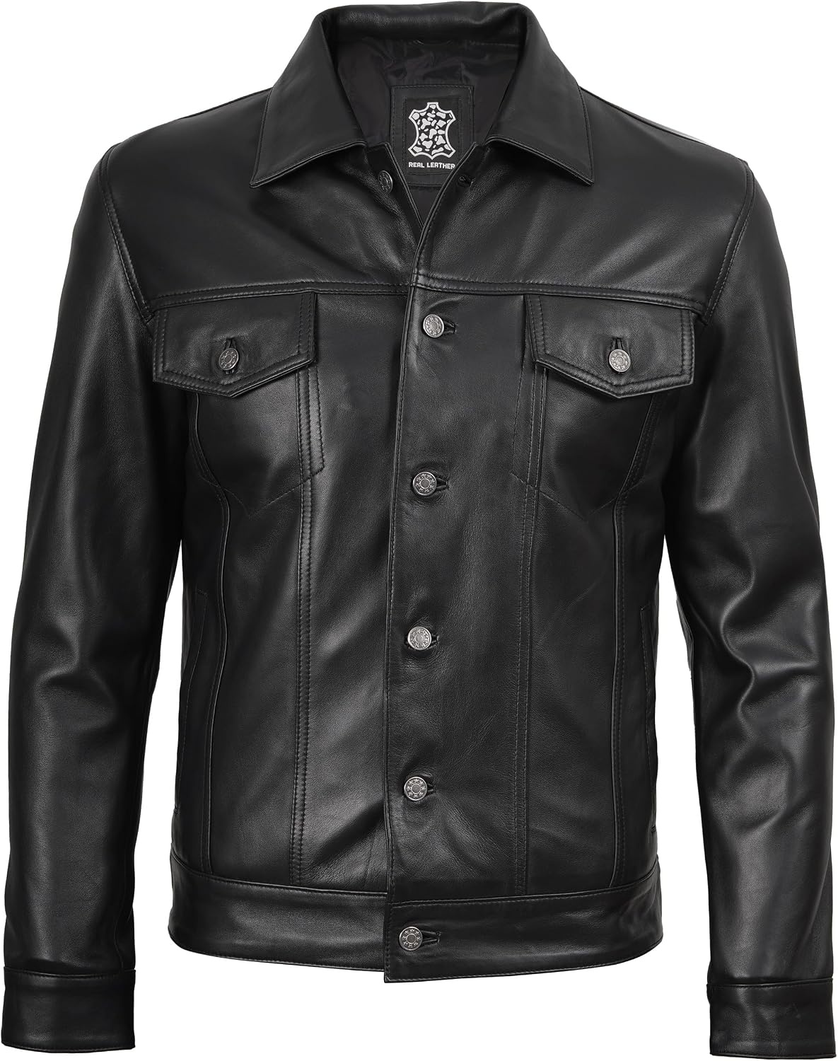 image:imageBlingsoul Mens Leather Trucker Jacket Vintage Real FullGrain Lambskin Leather Jacket for Men with Shirt Style CollarBlack