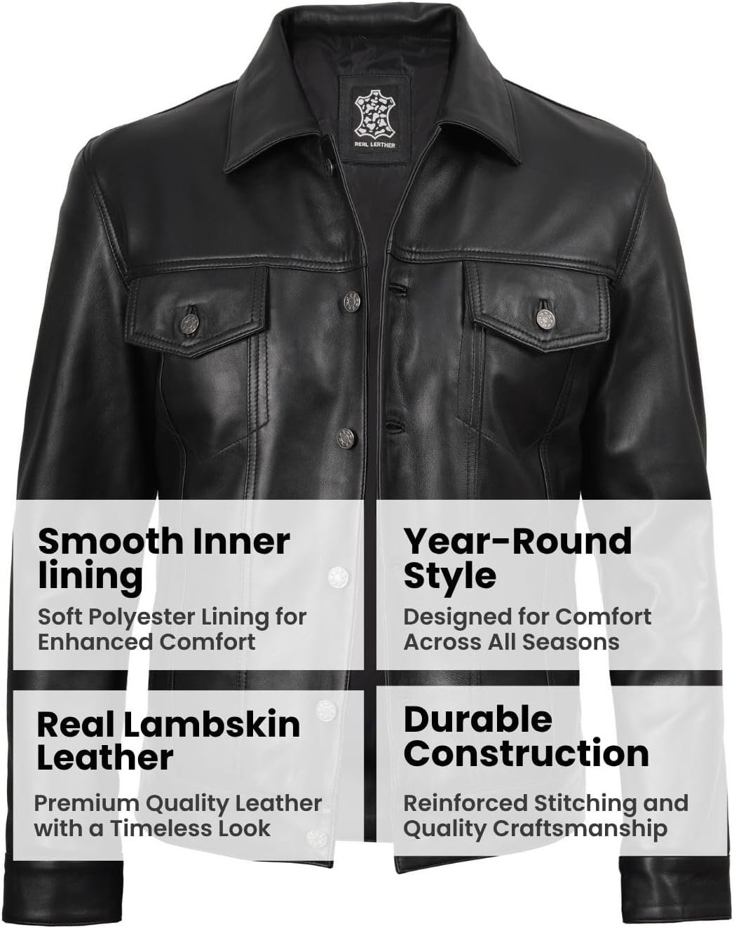 image:imageBlingsoul Mens Leather Trucker Jacket Vintage Real FullGrain Lambskin Leather Jacket for Men with Shirt Style CollarBlack