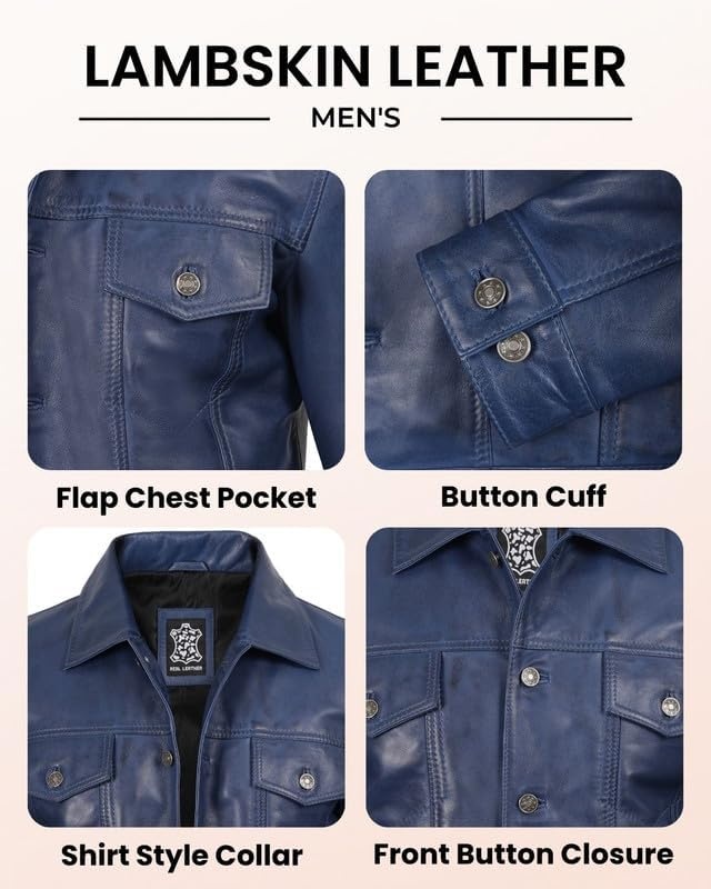 image:imageBlingsoul Mens Leather Trucker Jacket Vintage Real FullGrain Lambskin Leather Jacket for Men with Shirt Style CollarBlue