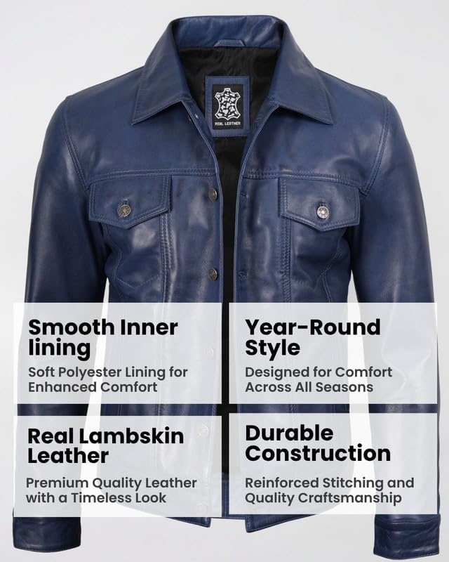 image:imageBlingsoul Mens Leather Trucker Jacket Vintage Real FullGrain Lambskin Leather Jacket for Men with Shirt Style CollarBlue