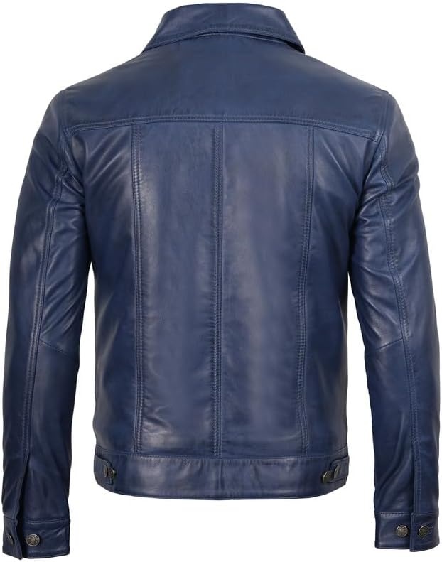 image:imageBlingsoul Mens Leather Trucker Jacket Vintage Real FullGrain Lambskin Leather Jacket for Men with Shirt Style CollarBlue