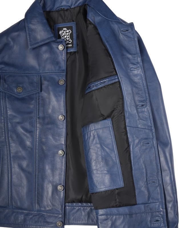 image:imageBlingsoul Mens Leather Trucker Jacket Vintage Real FullGrain Lambskin Leather Jacket for Men with Shirt Style CollarBlue