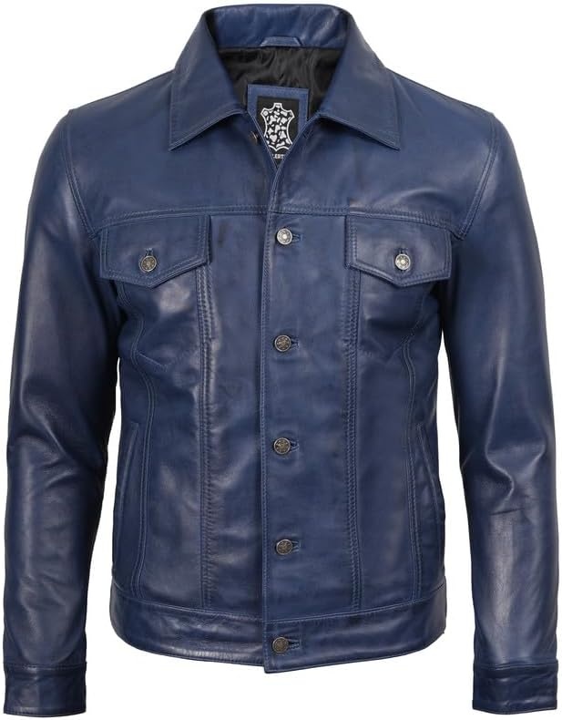 image:imageBlingsoul Mens Leather Trucker Jacket Vintage Real FullGrain Lambskin Leather Jacket for Men with Shirt Style CollarBlue