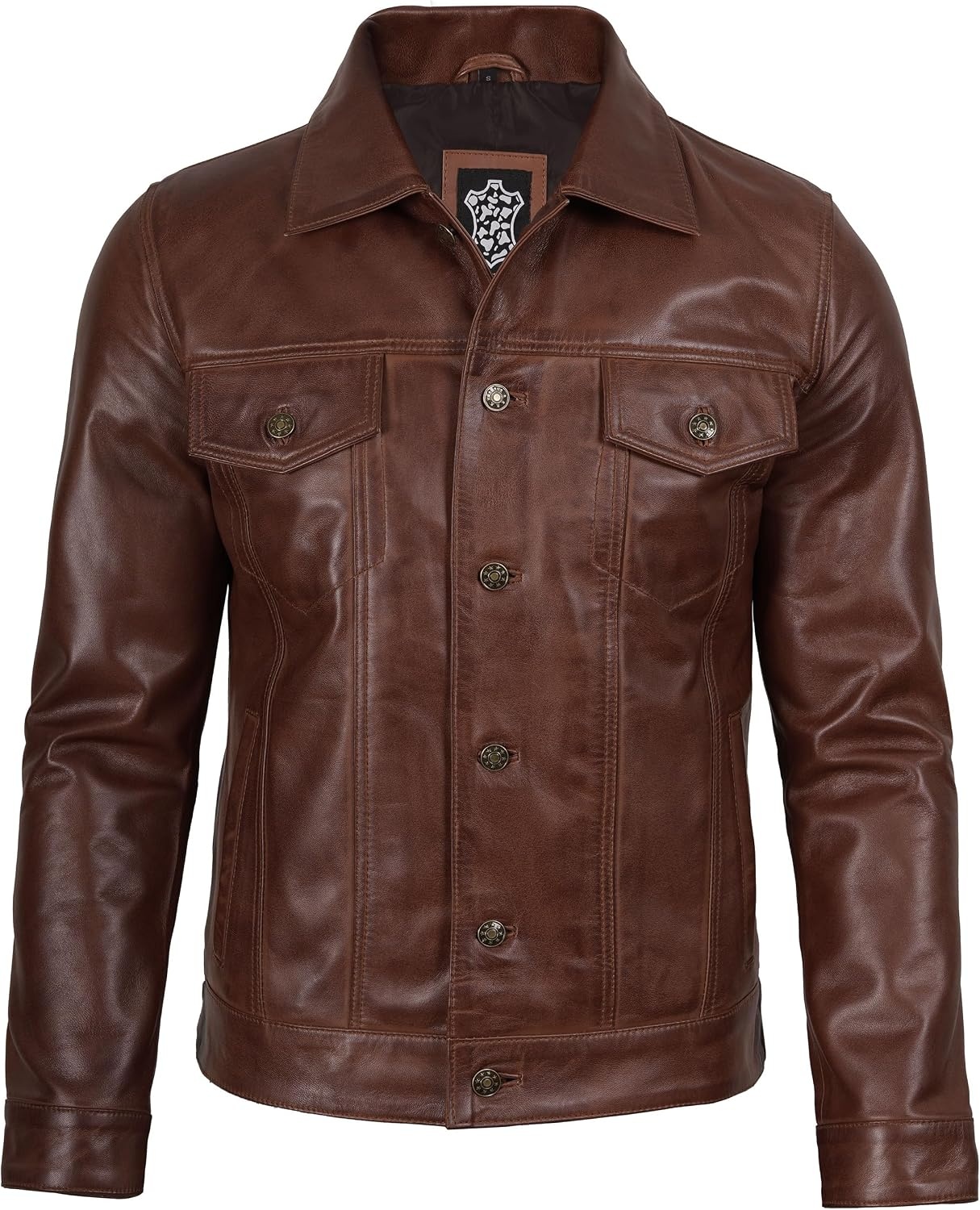 image:imageBlingsoul Mens Leather Trucker Jacket Vintage Real FullGrain Lambskin Leather Jacket for Men with Shirt Style CollarBrown Cognac Wax