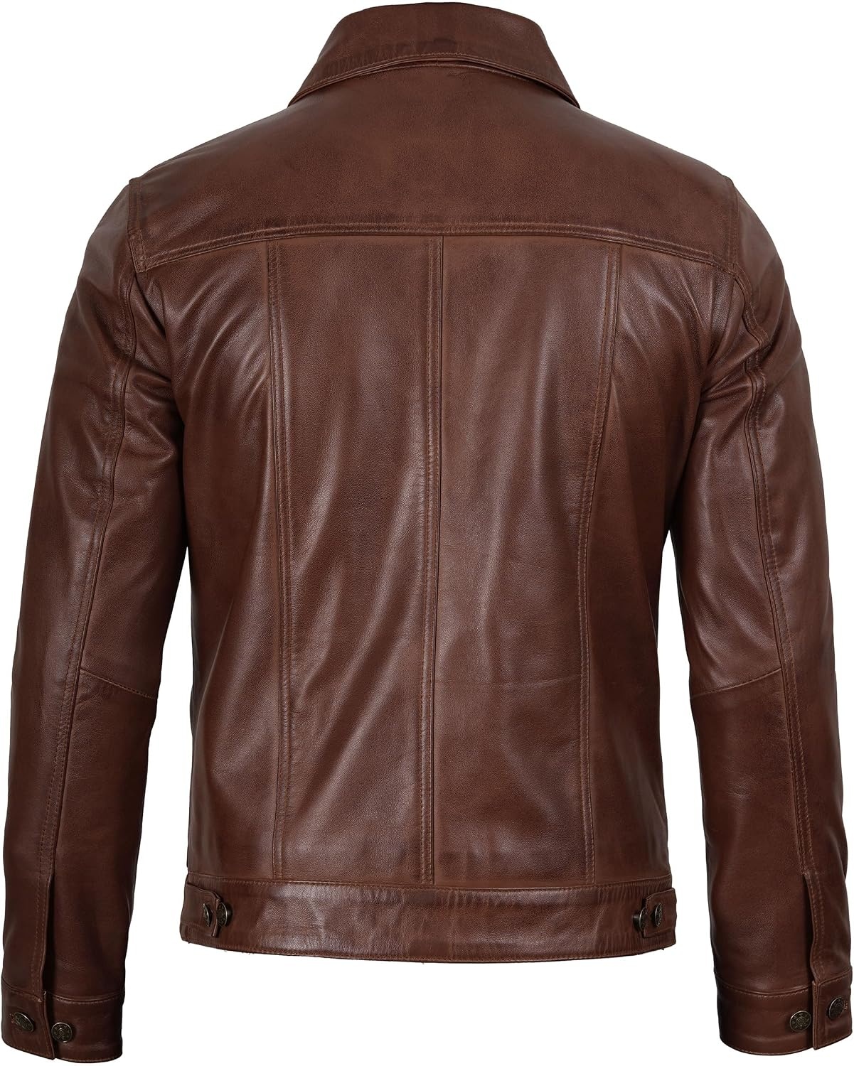 image:imageBlingsoul Mens Leather Trucker Jacket Vintage Real FullGrain Lambskin Leather Jacket for Men with Shirt Style CollarBrown Cognac Wax
