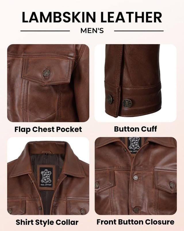 image:imageBlingsoul Mens Leather Trucker Jacket Vintage Real FullGrain Lambskin Leather Jacket for Men with Shirt Style CollarBrown Cognac Wax