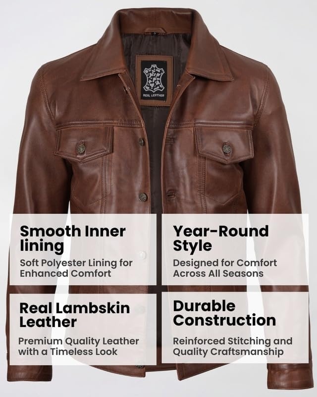 image:imageBlingsoul Mens Leather Trucker Jacket Vintage Real FullGrain Lambskin Leather Jacket for Men with Shirt Style CollarBrown Cognac Wax