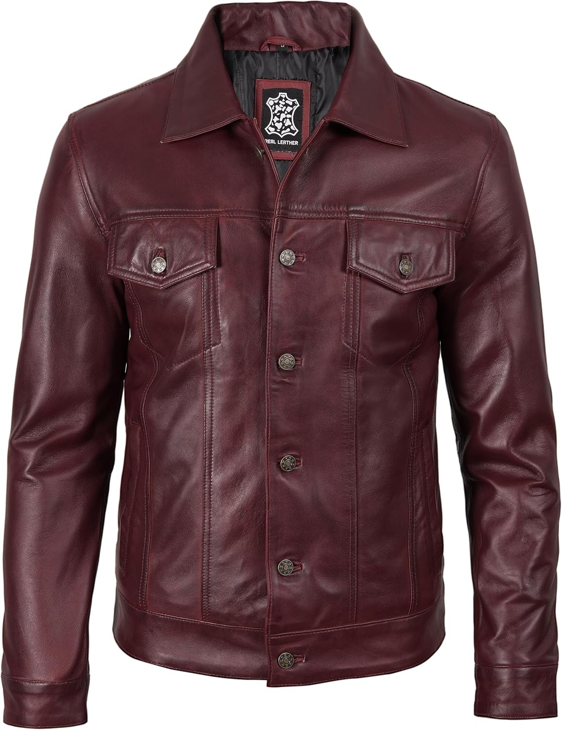 image:imageBlingsoul Mens Leather Trucker Jacket Vintage Real FullGrain Lambskin Leather Jacket for Men with Shirt Style CollarBurgundy Maroon Wax