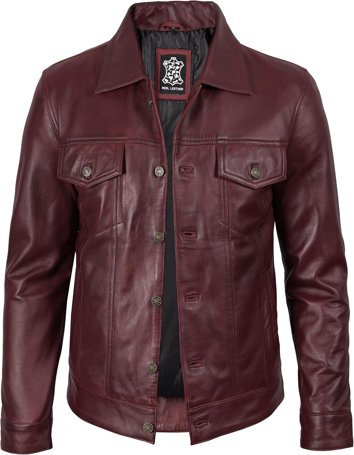 image:imageBlingsoul Mens Leather Trucker Jacket Vintage Real FullGrain Lambskin Leather Jacket for Men with Shirt Style CollarBurgundy Maroon Wax