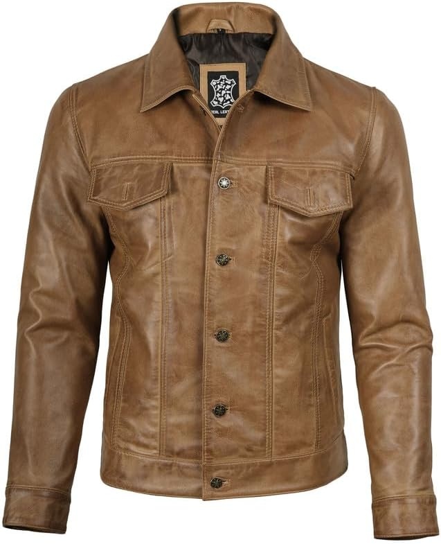 image:imageBlingsoul Mens Leather Trucker Jacket Vintage Real FullGrain Lambskin Leather Jacket for Men with Shirt Style CollarCamel Wax